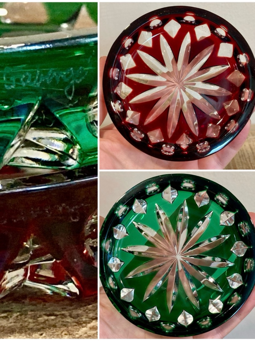 Faberge Xenia Drink Coasters Cut Crystal Red and Green with Starburst Pattern
